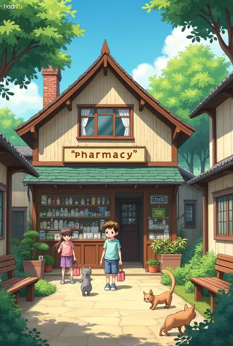 ghibli pharmacy with a pharmacy sign in english in a rural area peaceful vibes with people chilling and many cats outside  
with children playing a customers buying happy people with children