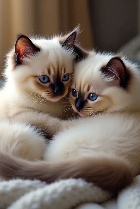 Create a realistic picture of two Ragdoll cats, who cuddle and snuggle with each other