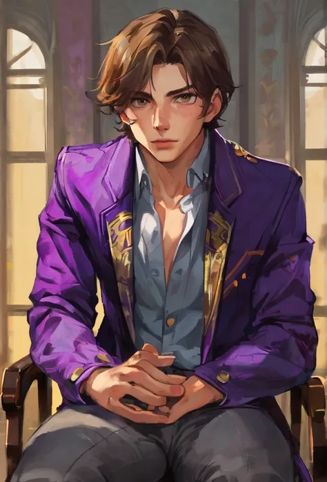 1boy,solo, brown hair, gray eyes, purple jacket, gray pants, arrogant appearance, sitting in a chair, sword in his hands, 