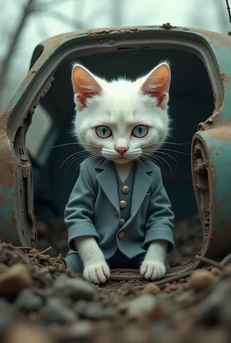 the small white cat in suit eyes full of water.in the broken car