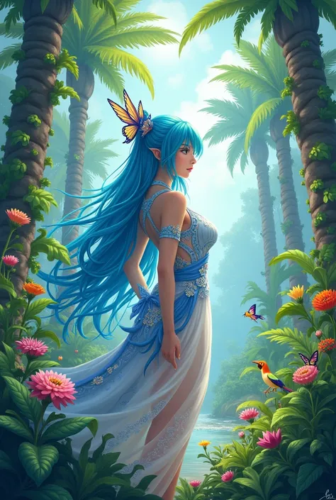 A Genshin Impact style woman in a tropical garden with long cyan blue hair and a dress with blue details and several animals around
