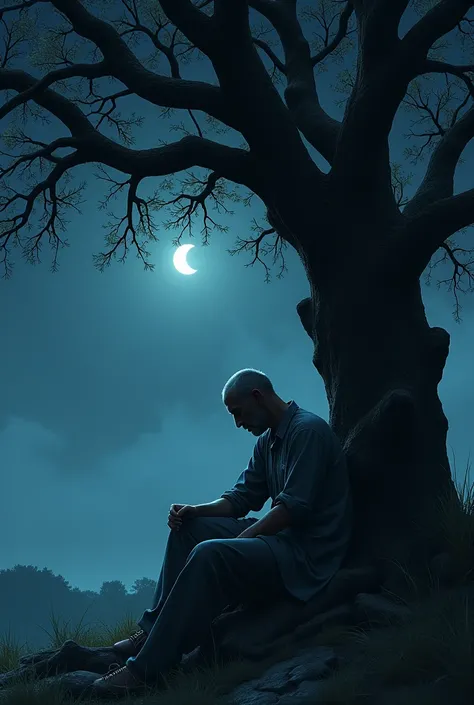 Give me a picture where a man is sitting under a tree sad in night 