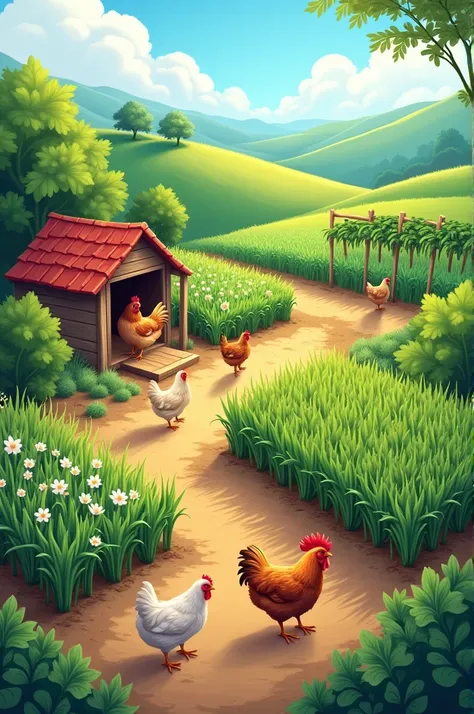 A farm with chicken laying egg and onion field with black pepper plant and rice plant