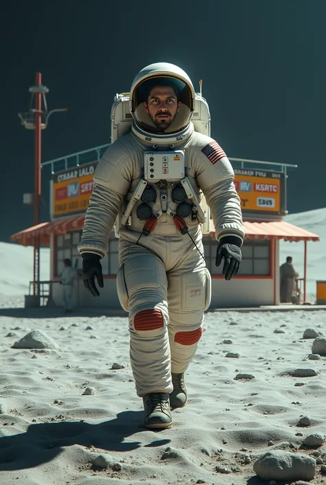 A man walking on the moon he wears space suite but also show his face . behind the man a Indian staile tea shop and train station and ksrtc bus stand 
