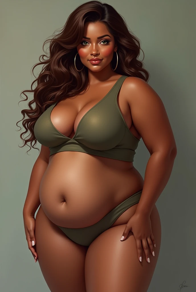 Brown hair. Green eyes thick thighs chubby belly fat bottom dark carmel skin. Wearing clothes dhe is outgrowing