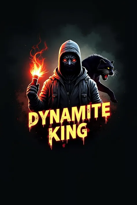 create a logo for dynamite it want to be realistic and it is blasting with a masked man holding a dynamite in his hand with a black panter and written dynamite king want to be in pubg style