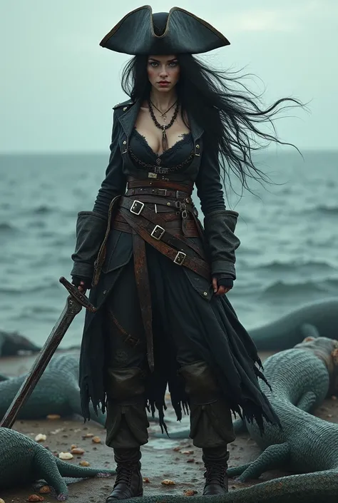 A full-body girl with black hair wearing pirate clothes and a sword in her hand, the same image but with dead mermaids behind her, she is stained with black blood so that the space is wider and there are dead mermaids at her sides.