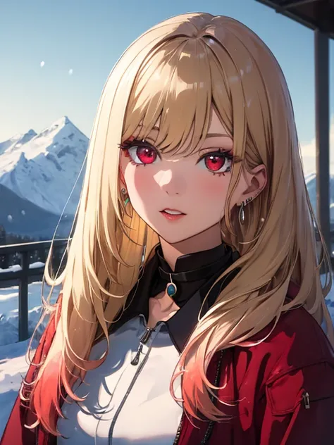 Snow Scenery, Kitagawa Marine, The background is snowy mountains, skier, One girl, Blonde Hair, Long Hair, Multicolored Hair, Red eyes, jewelry, Earrings, Earrings, Black choker, uhd, retina, masterpiece, ccurate, anatomically correct, textured skin, super...