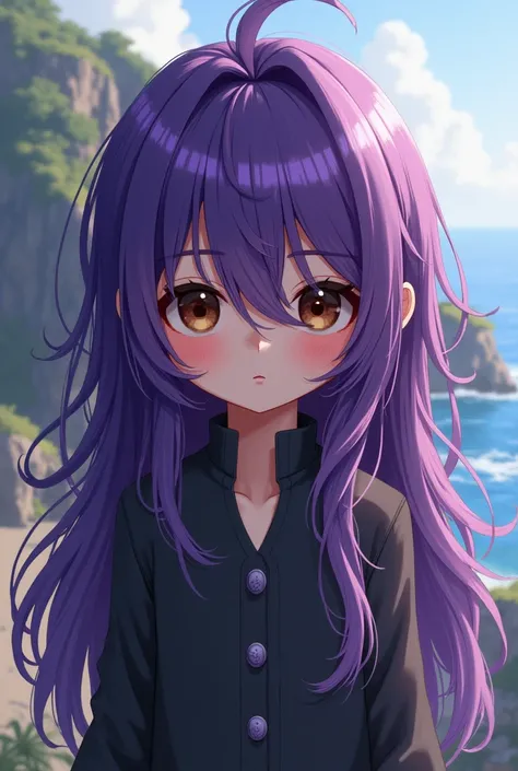 Please make a cute character. The hair is dyed purple, but the color has faded a lot and a lot of black hair has grown. There are bangs, so the hair comes down to below the chest. The eyebrows are not visible. The eyes are dark brown. Please draw it so tha...