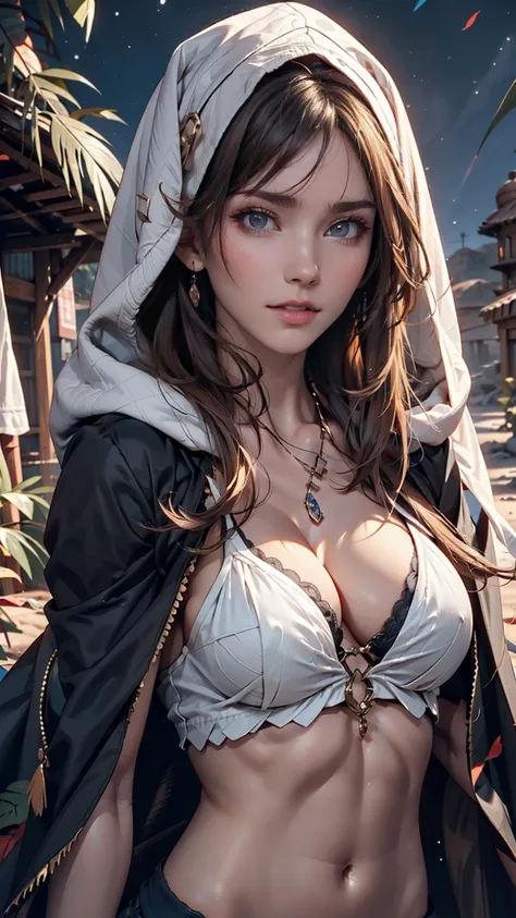 desert,Rocky Plateau and desert, Shrubland,night、2 woman、Attractive Young Woman, (Beautiful Face:1.1), Detailed eyes, Seductive lips, (eye make up:1.2), (Medium chest:1.0), (Toned body:1.2), Cloak with hood