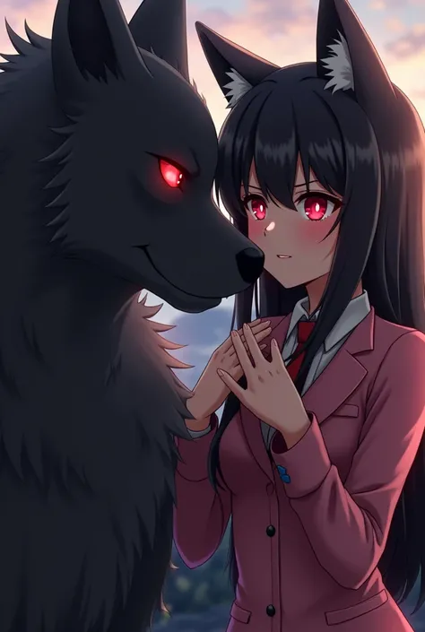 anime  with red eyes and wolf ears, getting rape by dog wolf beast, 