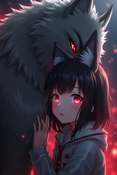 anime  with red eyes and wolf ears, getting rape by dog wolf beast, 