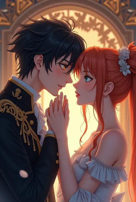 a cold prince, black hair, yellow eyes, kissing the hand of a noble lady, she has orange hair, blue eyes, discreetly dressed, anime character