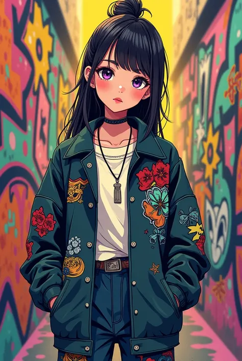 Draw a picture of a girl wearing baggy clothes, sitting cool pose for photoshoot, graffiti background, anime art style 