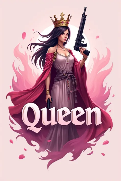 Create a PUBG Mobile gamer logo for a player named "QUEEN." The design should feature "QUEEN" in a bold, sweet font. Include an illustration of a queen with a crown on her head, holding a gun in both hands. Focus on a pink color scheme, and ensure that the...