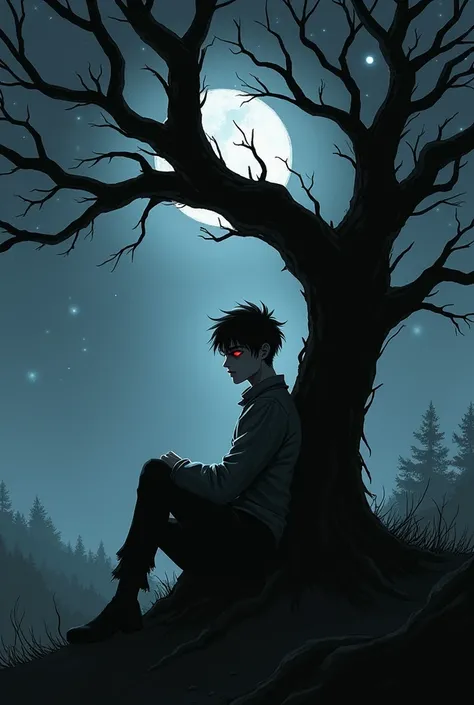 Give me a picture where a young man devil eyes is sitting under a tree sad in dark night 