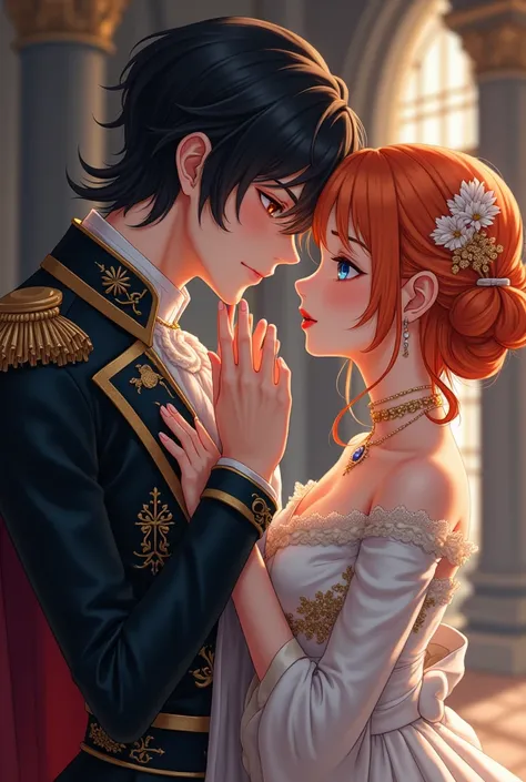 a cold prince, black hair, yellow eyes, kissing the hand of a noble lady, she has orange hair, blue eyes, discreetly dressed, anime character