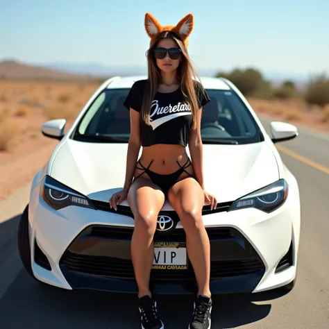 Latin woman, 18 years, huge breasts, athletic body, athletic legs, black lingerie, fox ears, Black t-shirt cut to the navel with the legend: Queretaro VIP", sunglasses, black Adidas tennis shoes, sitting on the hood of a white 2016 Toyota Corolla car, on a...