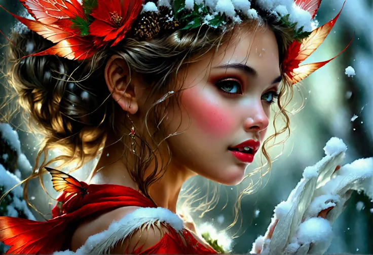 (oil painting art: 1.5) a most beautiful fairy playing in the snow, a beautiful fairy, (best detailed face: 1.3), spread butterfly wings, dynamic hair color, dynamic hair style, busty, wearing red silk dress, intricate silk, wearing high heels boots, she i...