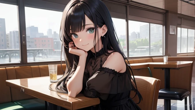 Art piece, masterpiece, anime girls, at a diner, artistic, highly detailed, high quality, 4K resolution, sitting at a diner booth, happy expression, extremely detailed art, rain outside of the large windows, peaceful scene, serene, anime style, zoomed out ...