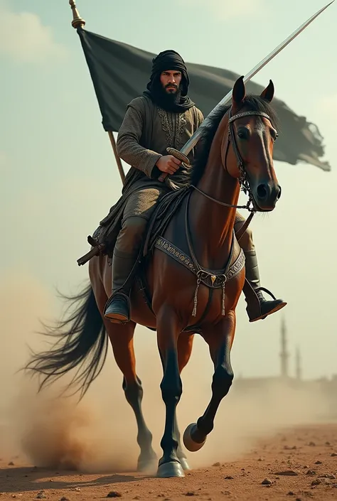 A attacking Muslim jihadi Man sitting On horse with black color Kalima flag and long Hazrat Ali sword