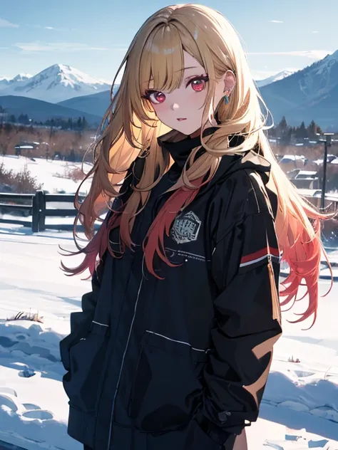 Skiヤー:1.5, Snow Scenery, Kitagawa Marine, The background is snowy mountains, Ski, One girl, Blonde Hair, Long Hair, Multicolored Hair, Red eyes, jewelry, Earrings, Earrings, Black choker, uhd, retina, masterpiece, ccurate, anatomically correct, textured sk...