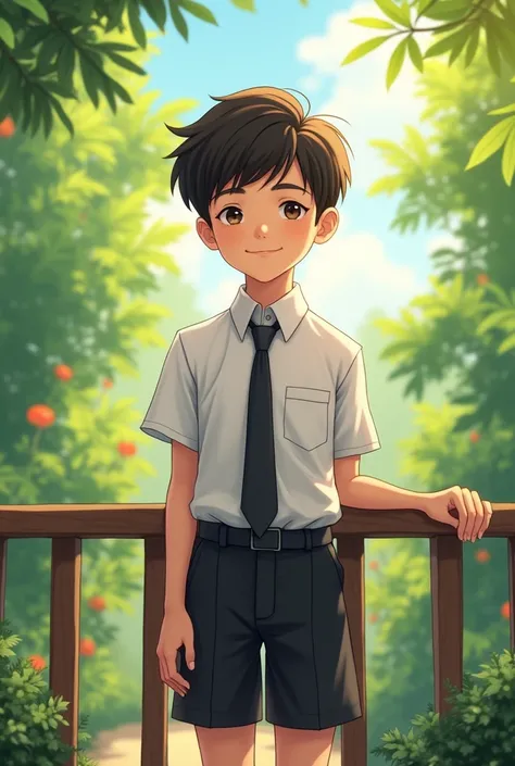 A  cute boy, in his school uniform, a white shirt, tie, and a very short black shorts, background greenery, standing with support of a railing, summers 