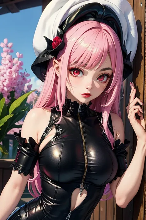 ((best quality)), ((masterpiece)), (detailed), succubus, pink and black outfit, red eyes, white glittery hat
