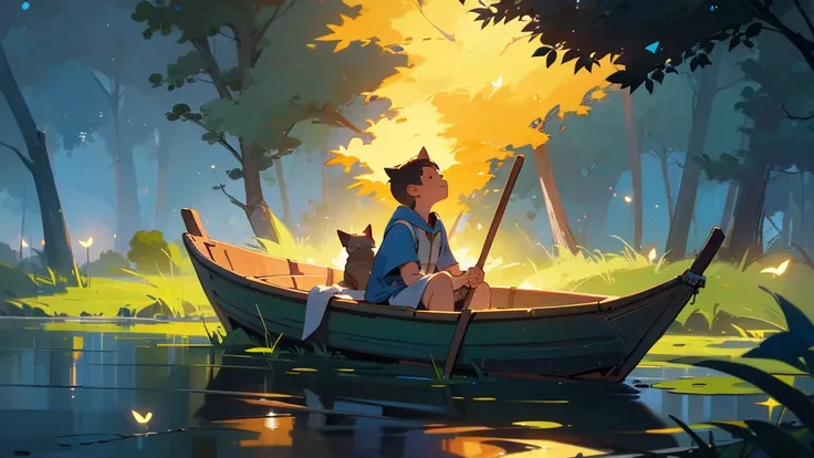 a young boy lying and looking up at the night sky, a cat sleeping on a small raft in a calm very small lake, fireflies illuminat...