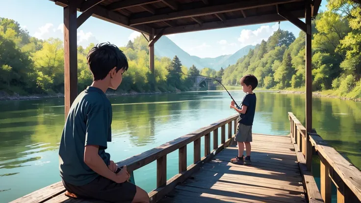 Boy, sits on a wooden bridge,  Bridge over the river, wooden, Boy, catches fish, fishing pole, fishing