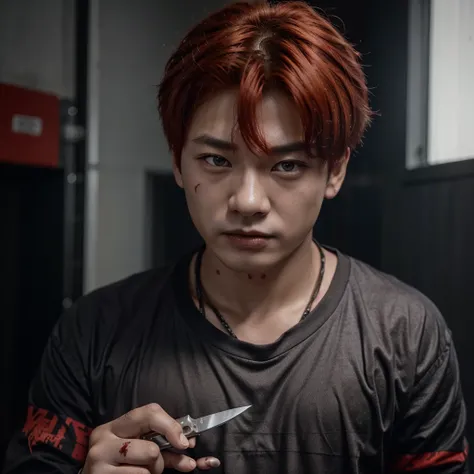 Yang Jeongin, de Stray Kids. Redhead boy with blood and a knife. Horror movie atmosphere, sexy killer, psychopath 