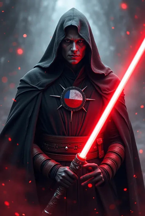 The country Chile as a Sith Lord from Star Wars, angular grey face, red, white and Blue star, red lightsaber, agressive, frightening, ultra-realistic