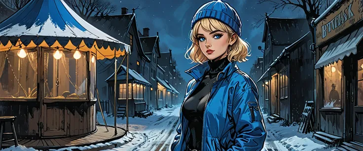 back view, (circus tent), inside, dark, night, dark atmosphere,  ((turned back girl in Blue zipped up down winter jacket and black turtleneck )) and (jeans) and blue gloves and (((blue winter hat)))) walking outside, adult, [Nordic], Hourglass elongated fi...