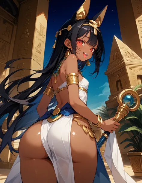 score_10,score_9_up,score_8_up,score_7_up, hadrian, small breasts,looking at viewer, seductive, with Pyramid of Khufu view, in Egypt, female anubis, egyptian clothes, egyptian mythology, truncheon,staff, long black hair, dark skin, open mouth, tongue, lewd...