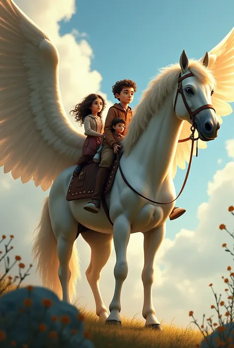 A beautiful horse with long wings , 3 kids were sitting on its back. 
I need 3 kids 
Meg  girl with curly hairs and glasses 
,  thin tall
 boy
 and  little charles welqlace . 