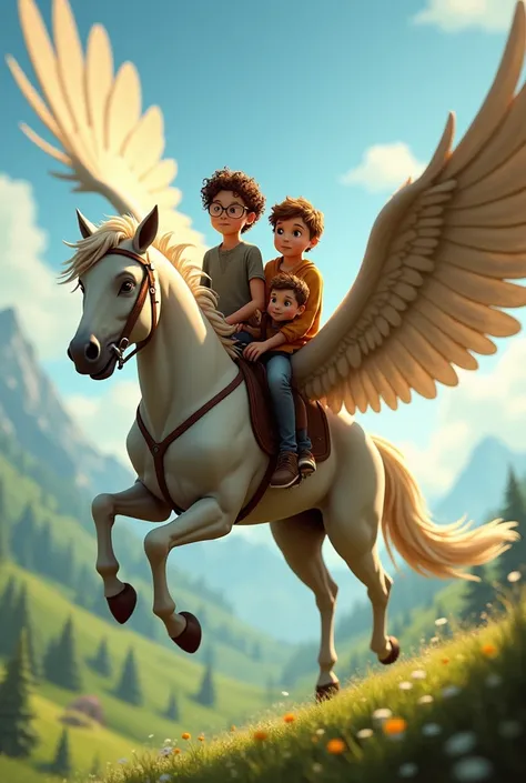 A beautiful horse with long wings , 3 kids were sitting on its back. 
I need 3 kids 
Meg  girl with curly hairs wearing glasses 
,  thin tall
 boy
 and  little charles welqlace . 