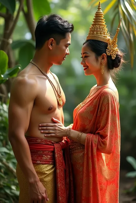 The man wears a gold sarong with a red belt. The woman wears a Thai dress with a gold bai.
