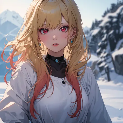 The snow queen:1.5, Snow Scenery, Kitagawa Marine, The background is snowy mountains, One girl, Blonde Hair, Long Hair, Multicolored Hair, Red eyes, jewelry, Earrings, Earrings, Black choker, uhd, retina, masterpiece, ccurate, anatomically correct, texture...