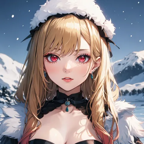 The snow queen:1.5, Snow Scenery, Kitagawa Marine, The background is snowy mountains, One girl, Blonde Hair, Long Hair, Multicolored Hair, Red eyes, jewelry, Earrings, Earrings, Black choker, uhd, retina, masterpiece, ccurate, anatomically correct, texture...