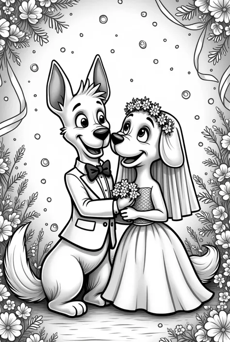 A line art for a childrens coloring book with a Pixar-style wedding theme of two dogs getting married