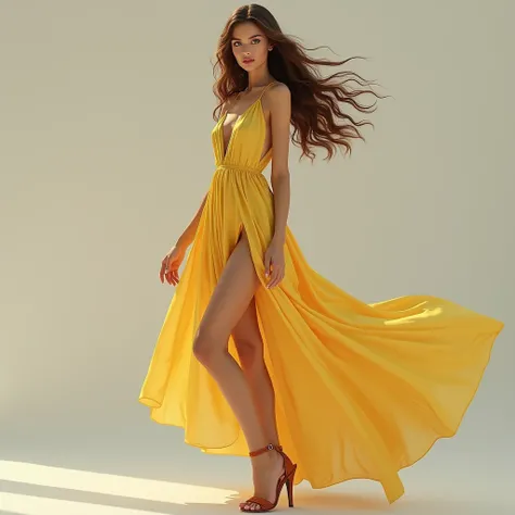 (photorealism:1.2), (full body shot:1.9) Beautiful, stunning, gorgeous, stunning woman, brown hair, green eyes, slender legs, soft features, muse, goddess, realistic skin, extremely detailed full body shot of a strikingly stunning woman, silk yellow summer...