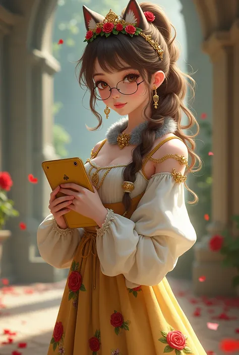 Imagem da filha da Ramona Badwof e da Rosabella Beauty de Ever After High: You have to have your hair in a long wavy brown ponytail with bangs and red highlights, first of all, light brown eyes, brown glasses with a red rose, long white blouse with red ros...