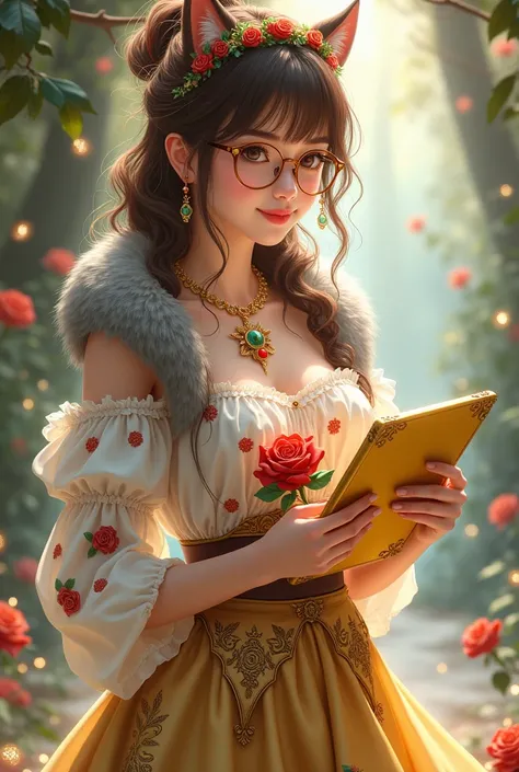 Imagem da filha da Ramona Badwof e da Rosabella Beauty de Ever After High: You have to have your hair in a long wavy brown ponytail with bangs and red highlights, first of all, light brown eyes, brown glasses with a red rose, long white blouse with red ros...