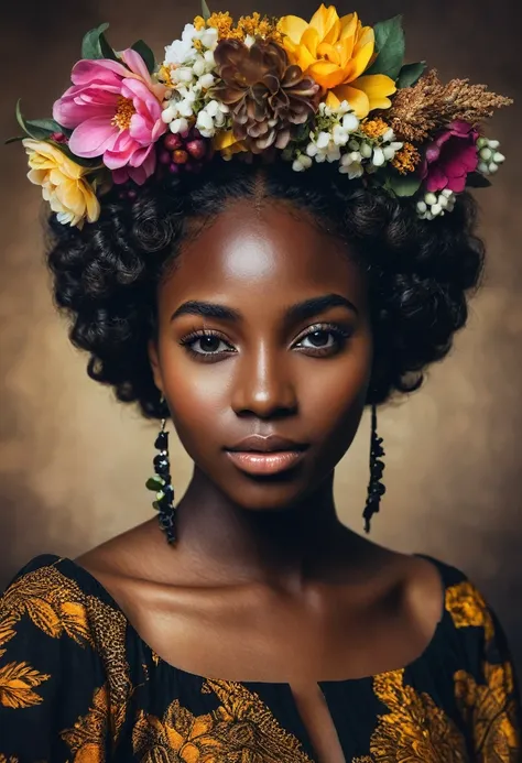 There is a woman with a flower crown on her head, Black young woman, dark skin, color photography portrait 4k, ( ( dark skin ) ), young black woman, dark skin female goddess of love, Detailed beautiful face, beautiful portrait, African American girl, Black...