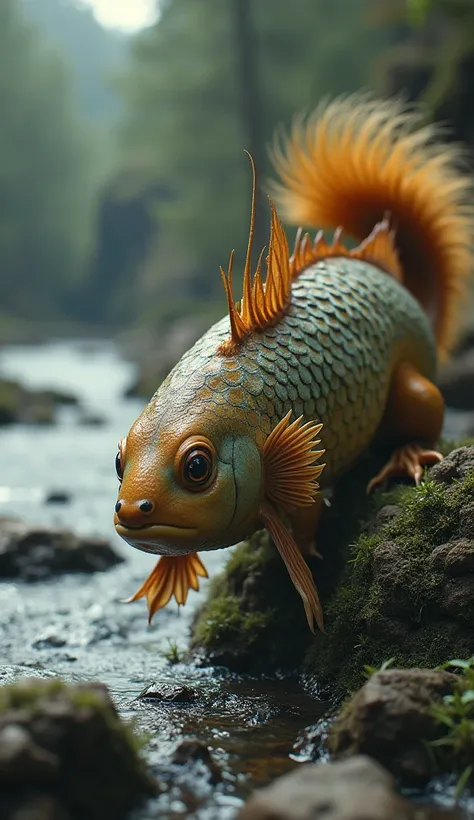 A cross between a squirrel and a fish, realistic photo, in dramatic nature 