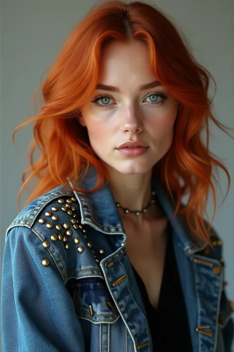 Redhead European woman model wearing denim jacket with studs