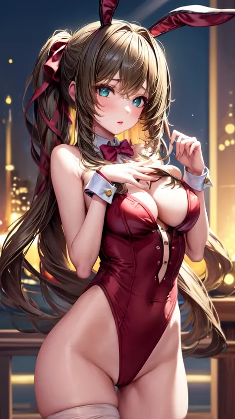 1girl, solo, (masterpiece, best quality:1.4), extremely detailed face, perfect lighting, ganyurnd, bbunnysuit, pantyhose, fake bunny ears, wrist cuffs, bowtie,
