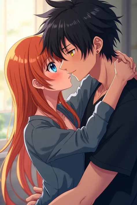 cool guy, black hair, yellow eyes, kissing girl on the lips, she has orange hair, blue eyes, casual dress, anime character