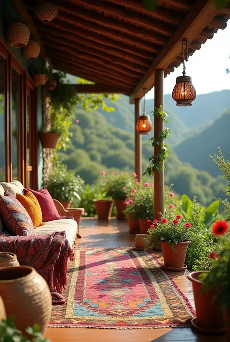 Boho style country house with nature, pending, cushions, baskets 