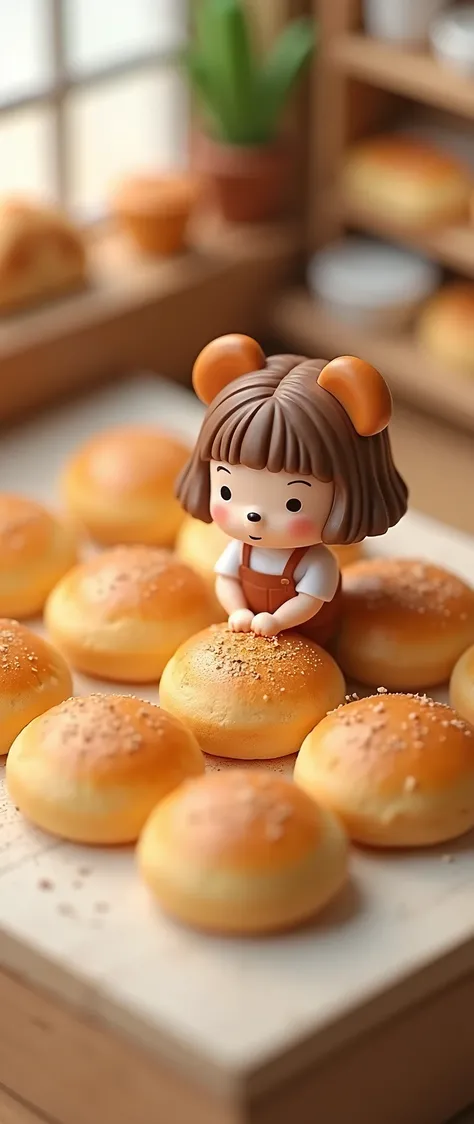 (masterpiece:1.2, Highest quality,Ultra-high resolution,Super detailed),8k,(wallpaper),(Photorealistic:2.0),(RAW Photos:2.0),(miniature plastic model:2.0),(Cute chibi woman working in a bakery:2.0),(The bakery has々A square arrangement of bread featuring sm...